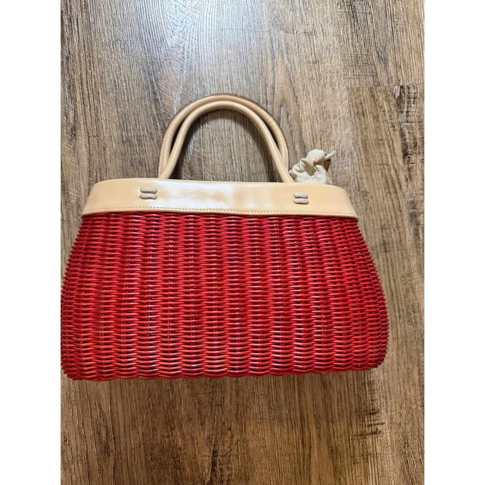 Barr + Barr New York Red Wicker Tote Bag Tan Leather Trim Handbag EUC